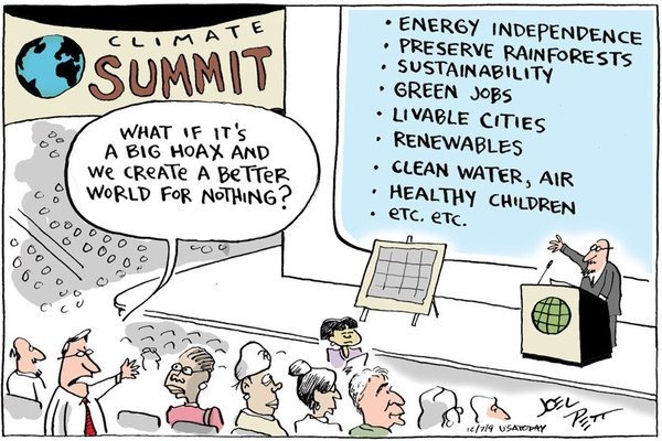 comic strip with a business people at a climate summit asking “What if it’s a big hoax and we’re creating a better world for nothing?”