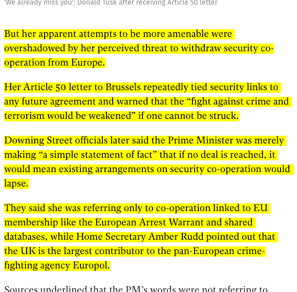 Screenshot of independent.co.uk article mentioned above with highlighted text about the Article 50 letter from Theresa May regarding the Five Eyes exit and the theoretical implications for Europol