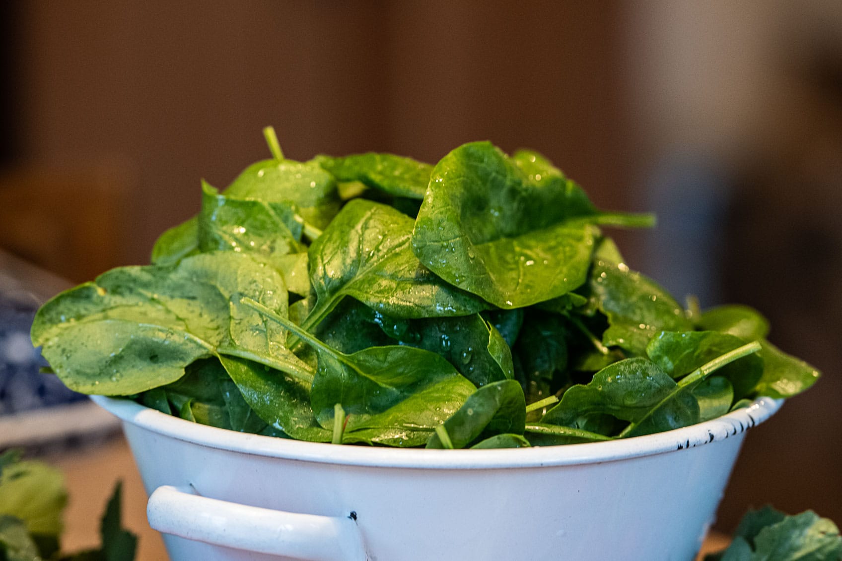 The fresh spinach leafs in a bowl on a table